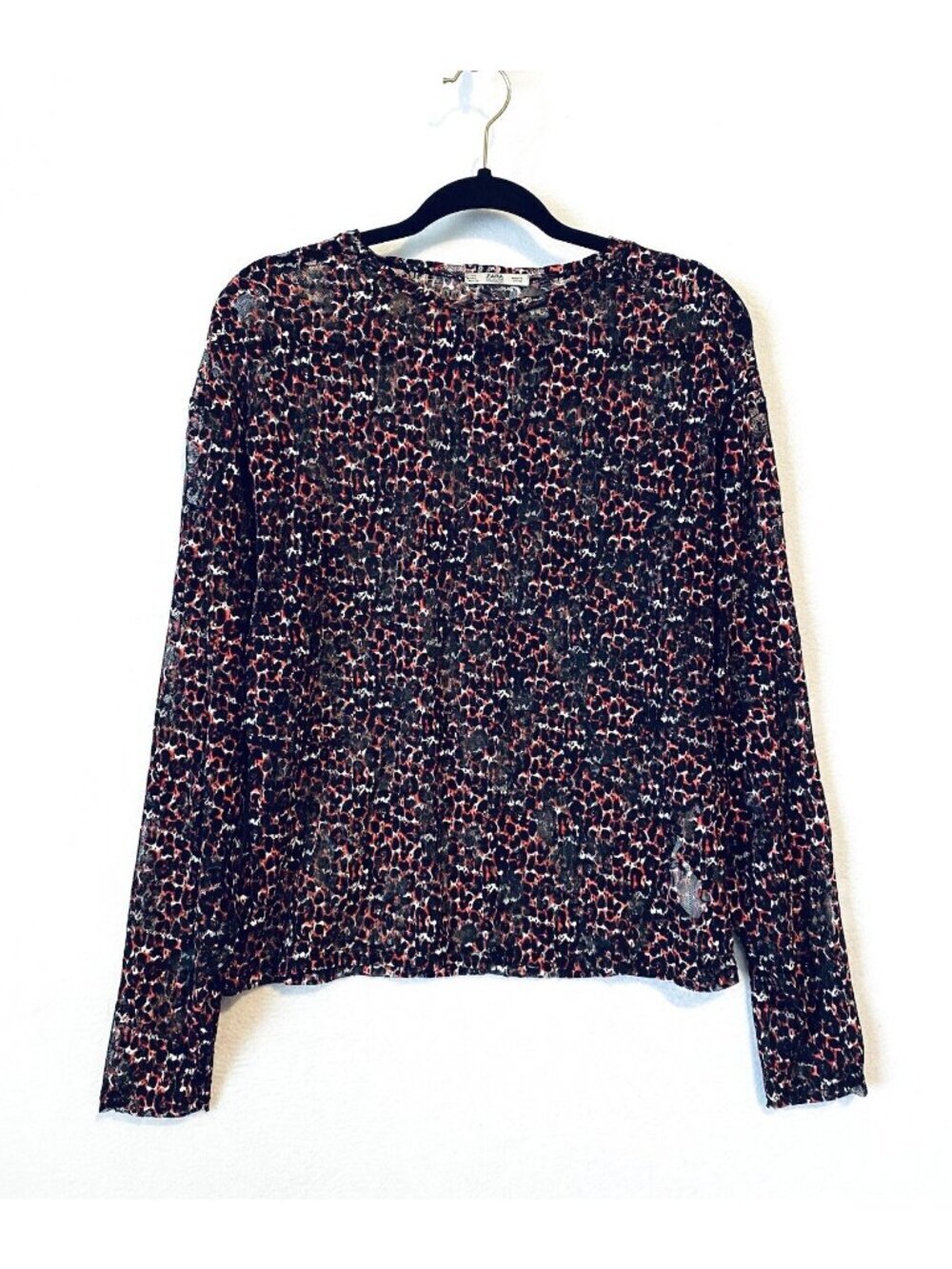 Zara Top Womens Large Mesh Animal Print Red Black Dolman Sleeve Stretch Boho